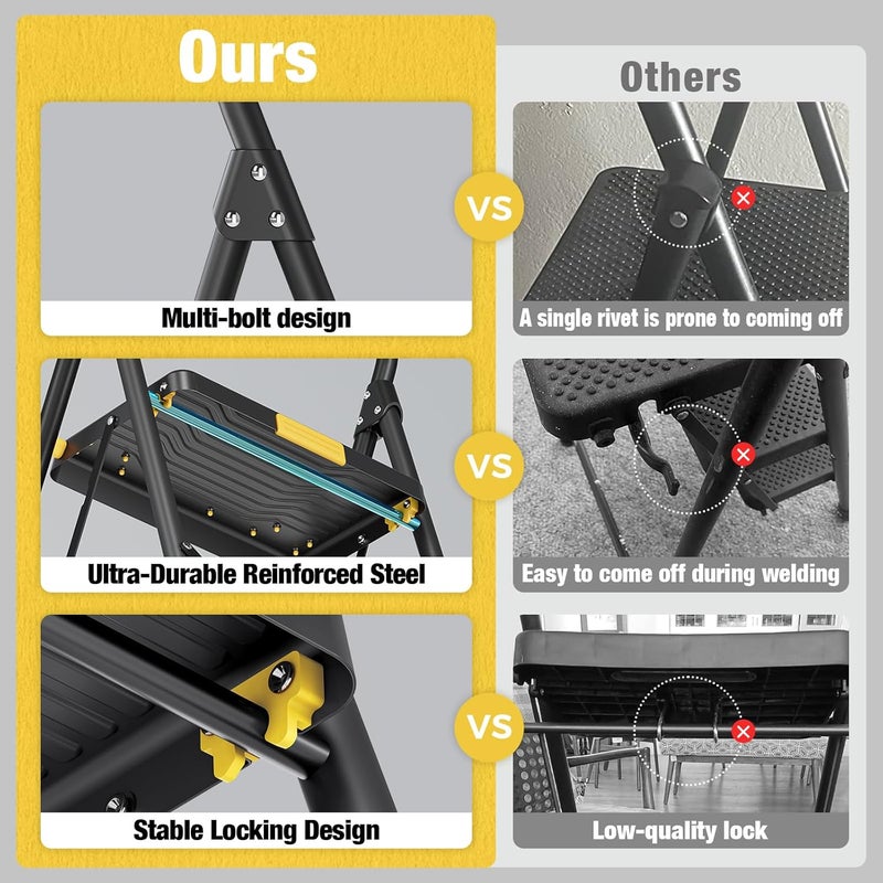 Urackify 3 Step Ladder, Heavy-Duty 800lb Capacity, Wide Anti-Slip Steps & Secure Handrail Compact, Folding Step Stool Portable Design for Home, Kitchen, Office, Pantry, Closet Use, Black - Image 4